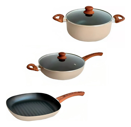 Set Wok 26cm + Cacerola 22cm + Bifera Acanalada Carol Areia