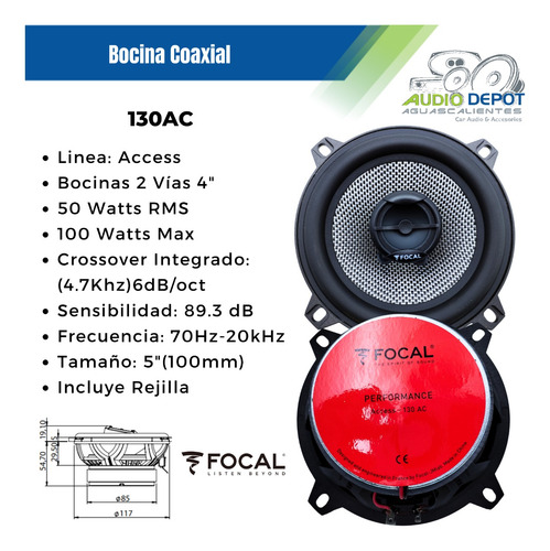 Par De Bocinas Coaxial 100w 5 PuLG Max Focal 130ac 2 Vía