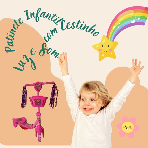 Patinete Infantil Menina Musical 3 Rodas Com Cestinho Luzes