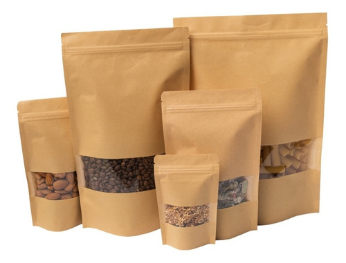 Imagen 1 de 6 de 100 Bolsa Stand Up Pouch C/cierre Kraft Ventana De 250 Grs