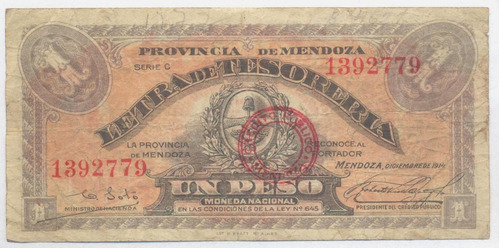 Mendoza 1914 Un Peso Letra Tesoreria Resellos Credito Canje