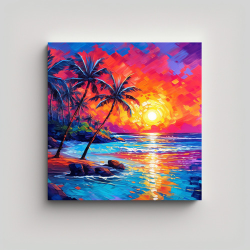 40x40cm Cuadro Estilo Tropical En Atardecer En Playa Flores