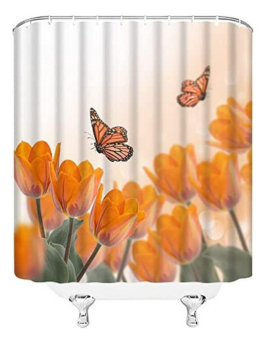 Cortina De Ducha Con Diseño De Flores Y Mariposas,