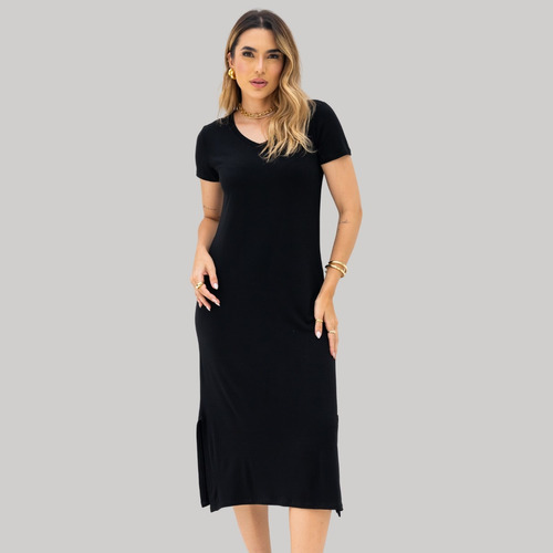 Vestido Feminino Malha De Viscose Midi Com Mangas