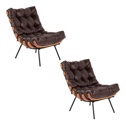 Kit 02 Poltronas Giratória Costela Couro Marrom Base Madeira