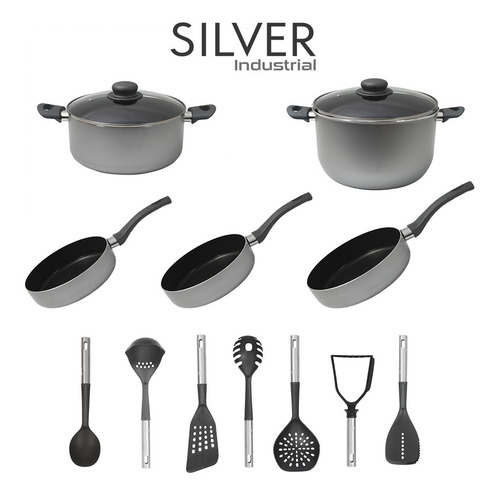 Imagen 2 de 4 de Batería Cocina 14 Piezas Ilko Silver Industial Antiadherente