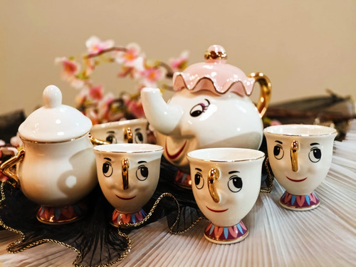 Juego De Té La Bella Y Bestia- Tetera, Tacitas Y Azucarera