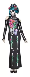 Disfraz Hermoso Esqueleto De Mujer Halloween Delgado Vestido