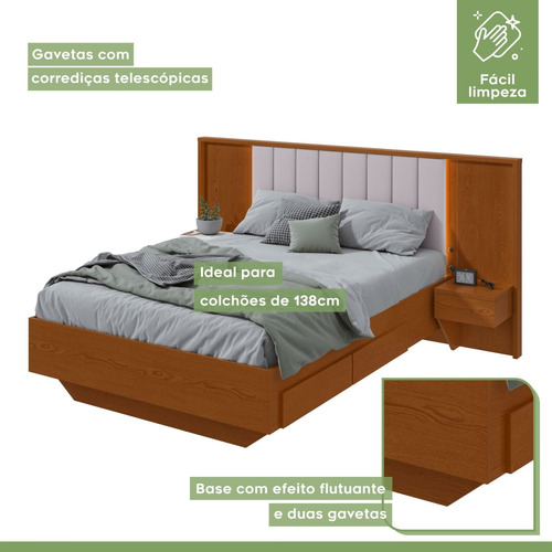 Cama Casal 140cm Com Usb, Usb-c 2 Mesa De Cabeceiras Wt