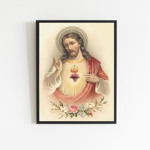 Quadro Arte Sacra Sagrado Coração De Jesus 24x18cm Preta