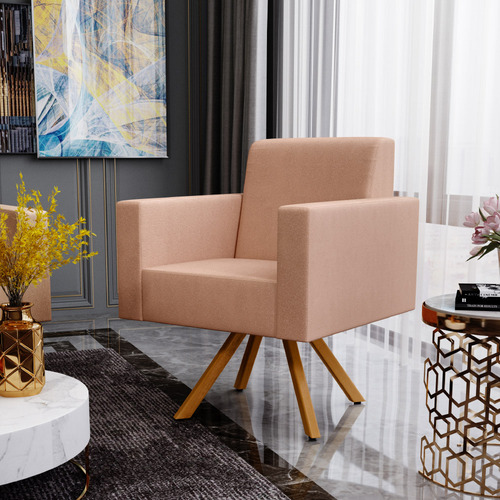 Poltrona Decorativa Base Giratória de Madeira Helô L02 Linho Rosê