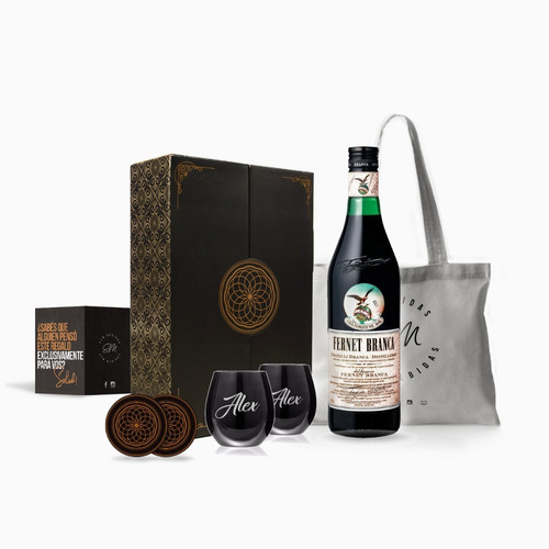 Estuche Box Fernet Branca 750ml + 2 Vasos Negros Grabados