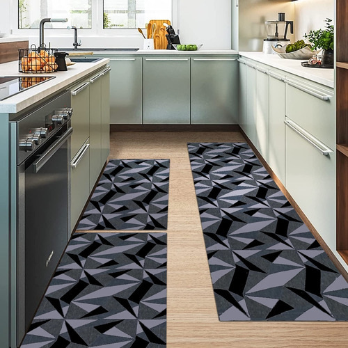 Tapetes Cozinha Antiderrapante Geométrico - Jogo 3 Peças Cor Bicchiere Preto