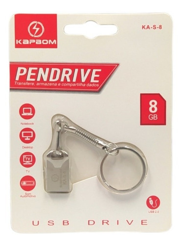 Pendrive Kapbom Kap 8gb Ka-a-8 Prático E Rápido Cor Prateado Chaveiro