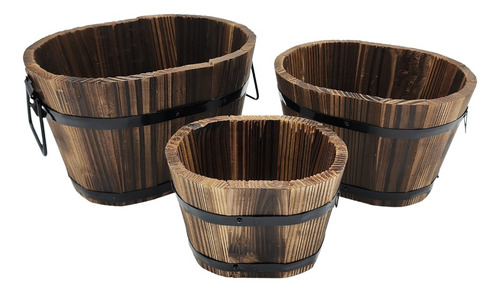 Set 3 Maceteros De Madera Tipo Barril Para Jardín Terraza
