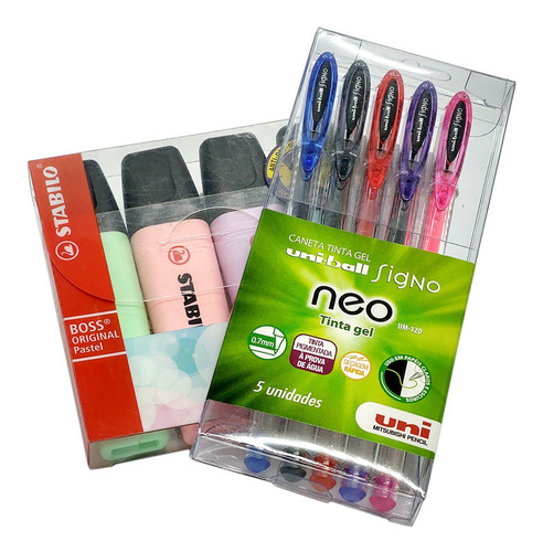 5 Caneta Gel Signo Neo Uni-ball + 4 Marca Texto Stabilo Boss