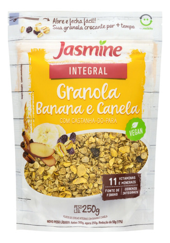 Granola Jasmine Integral banana e canela sem glúten em pouch 250 g