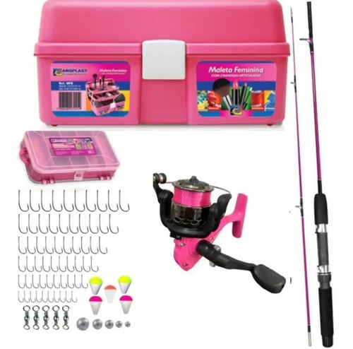 Kit Pesca Rosa Feminino  Maleta Vara Molinete Baixou Oferta