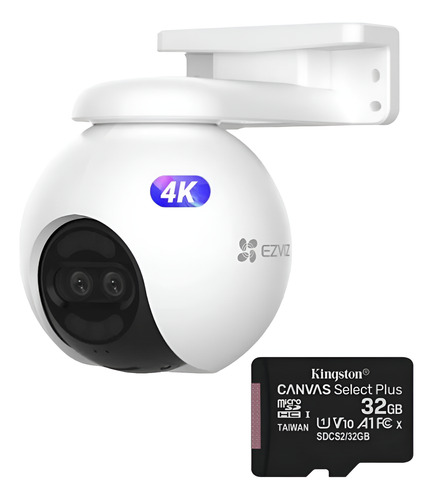 Camara Ezviz Ip Wifi H80x 4k 8mp Dual Sirena Luz 360° + 32gb Blanco