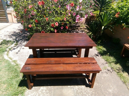 Mesa Y 2 Bancos Rústicos Para Exterior, Barbacoa.