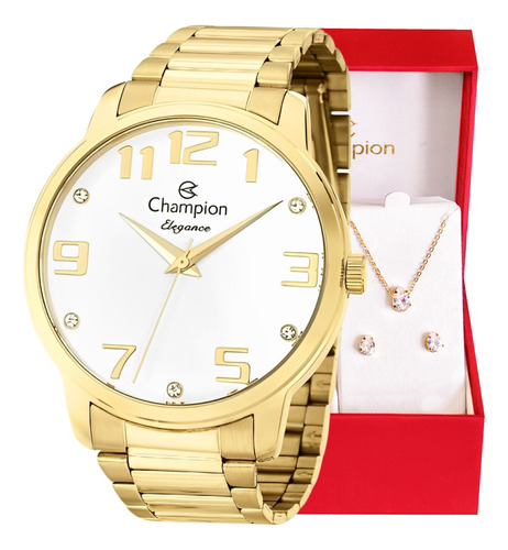 Relógio Champion Feminino Dourado Cn26028w Kit Colar Brincos