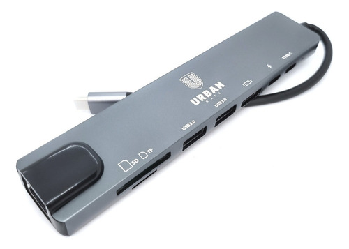 Hub 8 Em 1 Hdmi 4k Rj45 Gigabit Leitor Sd Usb-c Urban Gate Cor Cinza