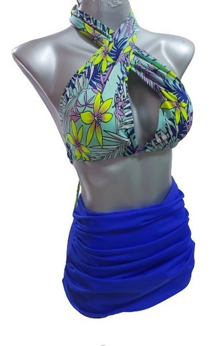 Traje De Baño Azul Top Multiformas Flores Con Falda Tropical