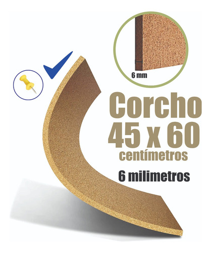 Hoja Corcho 6 Milímetros 45 X 60 Cms. 1 Hoja + Pins