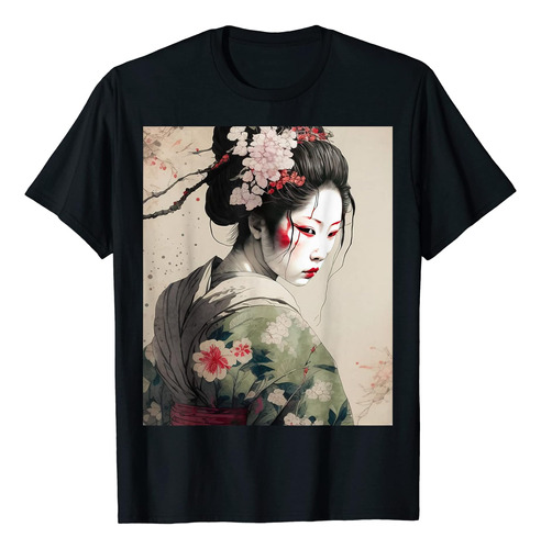 Hermosa Polera Japonesa Con Diseño De Geisha Oscura Y Flor