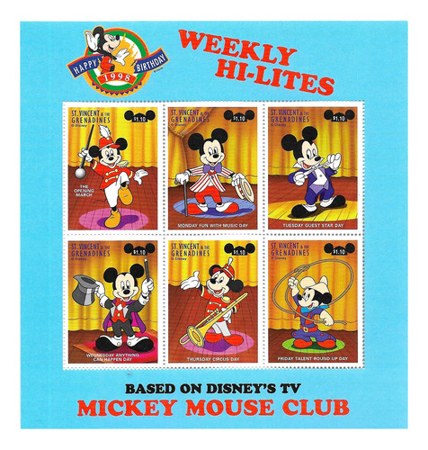 #19114 Estampilla St Vincent Disney Mickey Musico Show Hoja