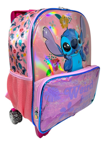 Mochila Con Carrito Stitch Tornasol Primaria Ruz Original Rosa Stitch Tornasol