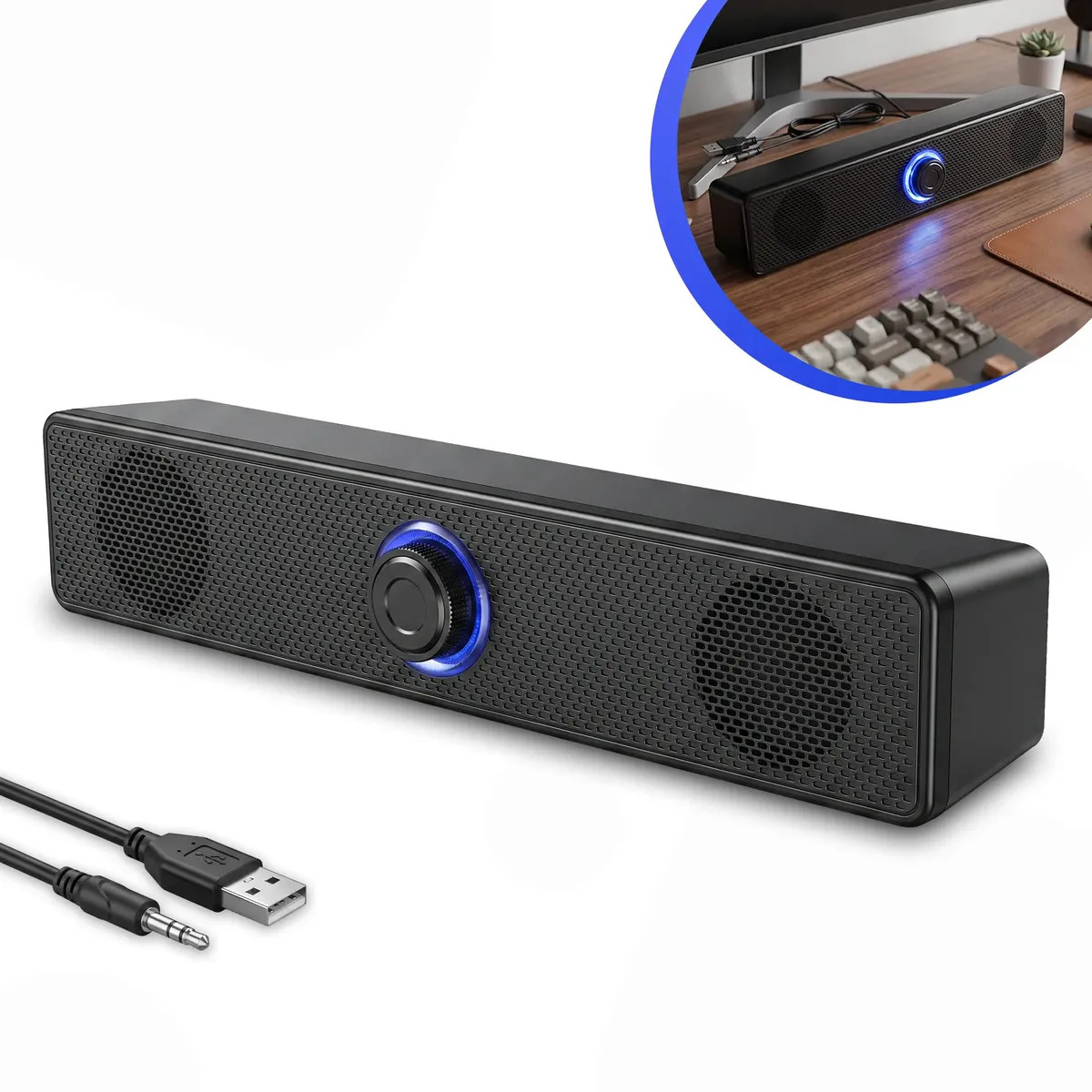Caixa De Som Gamer Soundbar Para Computador Pc Notebook TV Amplificador Alto Falante Usb Led RGB Cor Preto