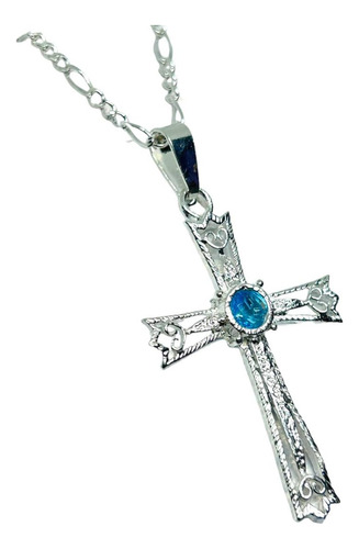 Cadena Y Dije De Cruz Zirconia Azul En Plata 925 Garantizado