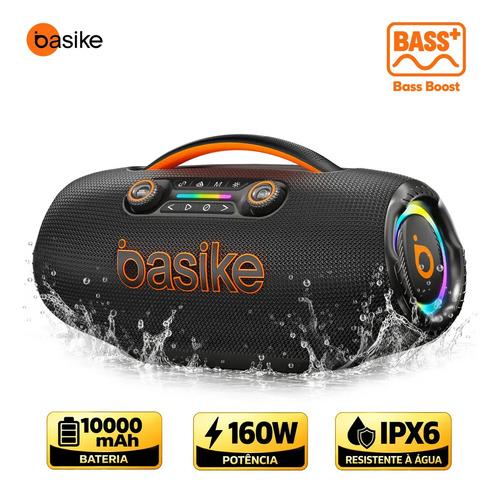 Caixa de Som Basike Boombox 160W RMS IPX6 RGB Bluetooth 5.3 TWS Bass Boost Bateria 10000mAh 12h FM USB TF Estéreo Hi-Fi Churrasco Praia C...