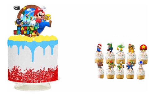 Pack Topper De  Torta Y 12 Pinchos Para Cup Cake Mario Bross
