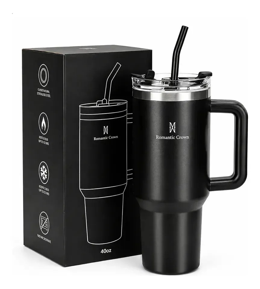 Copo Térmico Gigante 1,2l Inox Com Tampa E Inox Canudo Cor Preto Cor Pura / Material Fosco