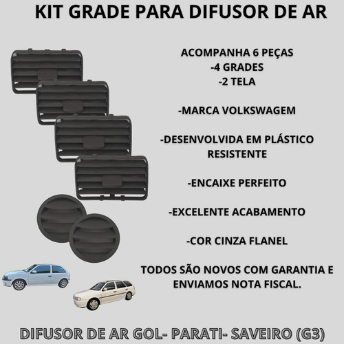 Difusor De Ar Painel Gol Saveiro Parati G3 Kit 6 Peças Cinza