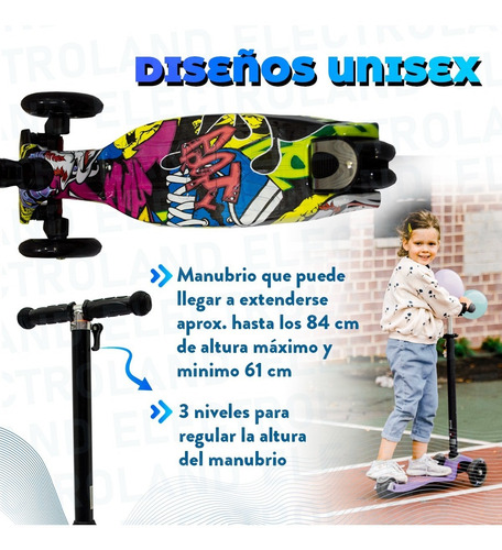 Imagen 5 de 10 de Monopatin Niños Luz Led Plegable 4 Ruedas Extensible Silicon