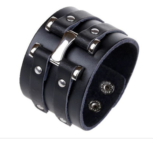 Pulsera Motoquero Cuero Genuino Negro Hombre Regalo Calidad