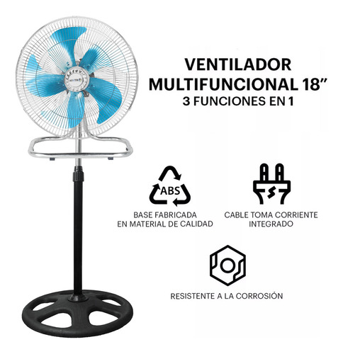 Ventilador Pedestal Piso Pared 3en1 Con 5 Aspas 18 Pulgadas 3.04 M 60 Plateado 5
