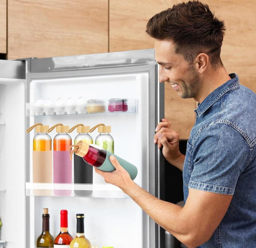 20 Botella De Vidrio Para Agua Bebidas Tapa Bambu Silicona Color Gris