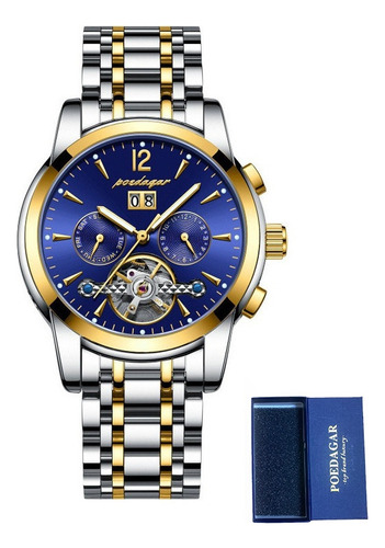 Relógio de pulseira mecânica Poedagar com corpo prateado, analógico, para homem, com pulseira de aço inoxidável colorida, moldura azul prateada e dourada e borboleta