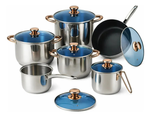 Batería de Cocina Kitchenes Juego de 12 Piezas, Set de Ollas de Acero Inoxidable Premium Color Azul, Tapas de Vidrio Templado, Fondo Térmico de 3 Capas, Sartén Antiadherente Para Todo Tipo de Estufas Azul