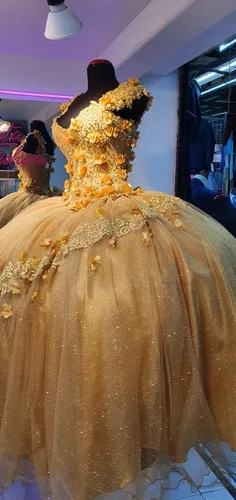 Vestido De Xv A os Dorado Flores 3d Env o gratis
