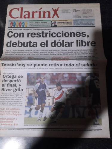 Tapa Diario Clarín 11 2 2002 River Ortega Economía Dolar 