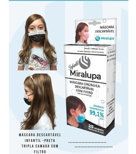 50 Máscaras Descartável Infantil Clipe Nasal Aprovada Anvisa Cor Preta