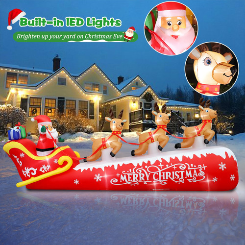 Papá Noel Inflable De Navidad 3 Renos 3.66 Metros Luces Led