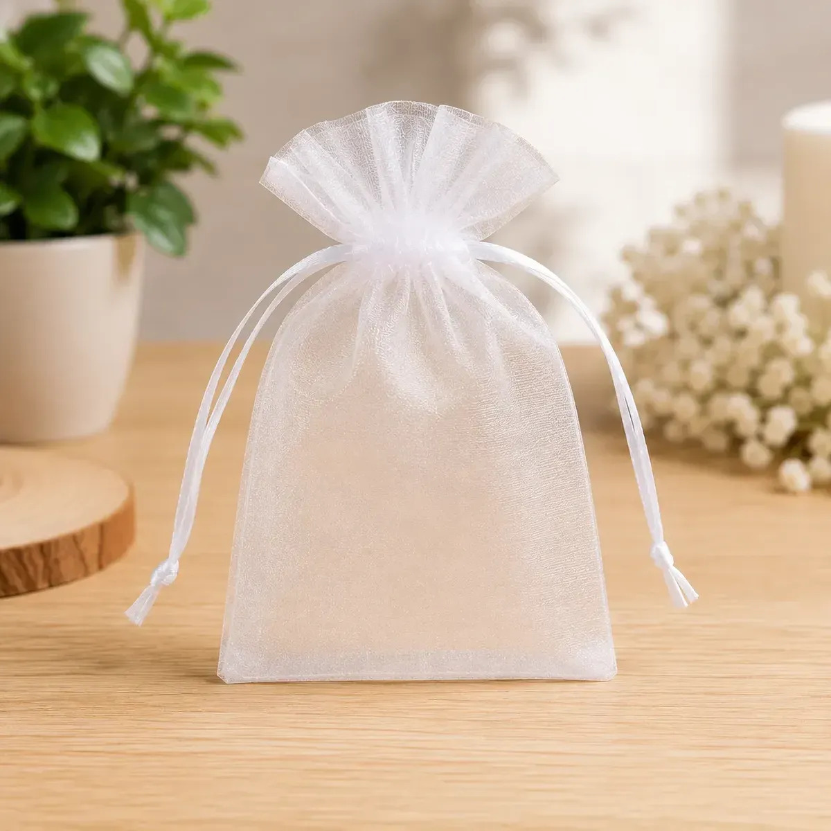 Kit 100 Saquinho Organza 7x9 Saco Tule Premium Brinde Festa Lembrancinha Joia Miçanga Branco Liso