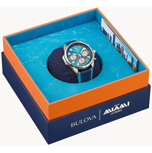 Reloj Bulova Marine Star Team Miami E1 96b460 para hombre, correa azul cielo, bisel plateado, fondo azul cielo