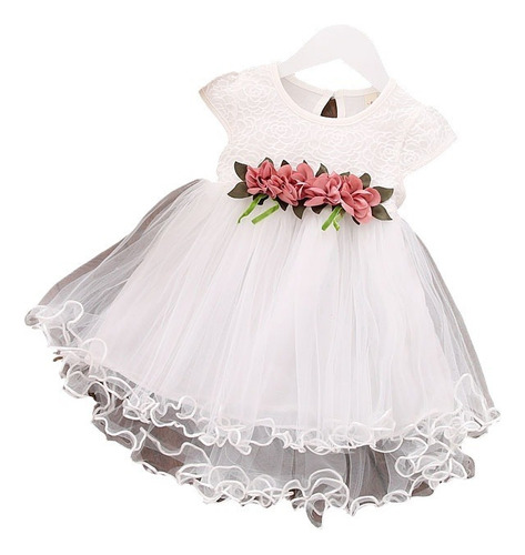 Vestido Infantil Blanco Para Fiesta Bautizado Con Florista,